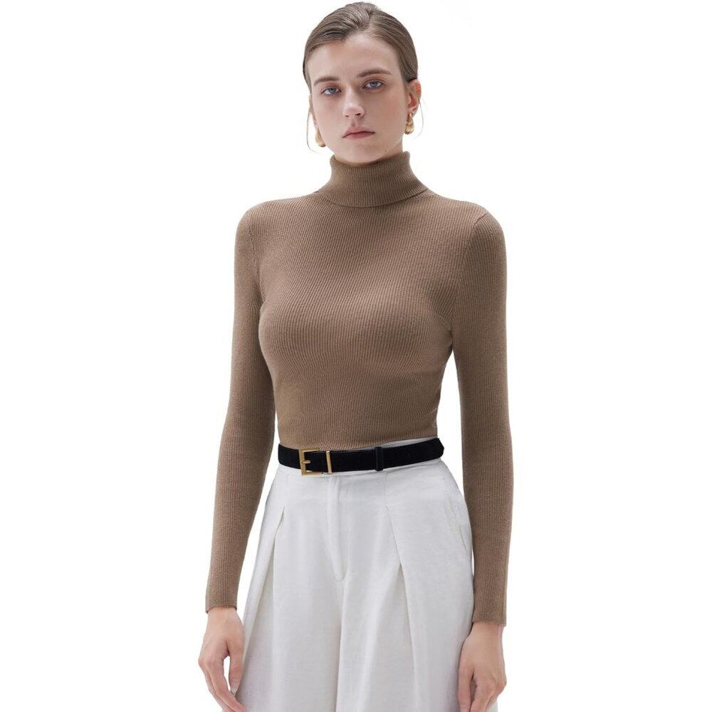 Women Turtleneck Cashmere Khaki Sweater Long Sleeve Fall Basic Thermal Tops